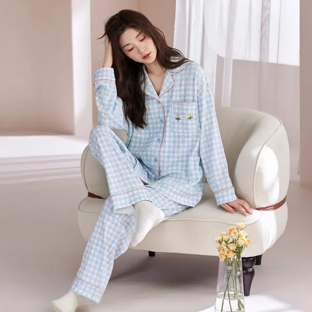 芬腾可安 春秋纯棉优雅翻领简约时尚亲肤开衫设计感柔软家居服睡衣套装 女款