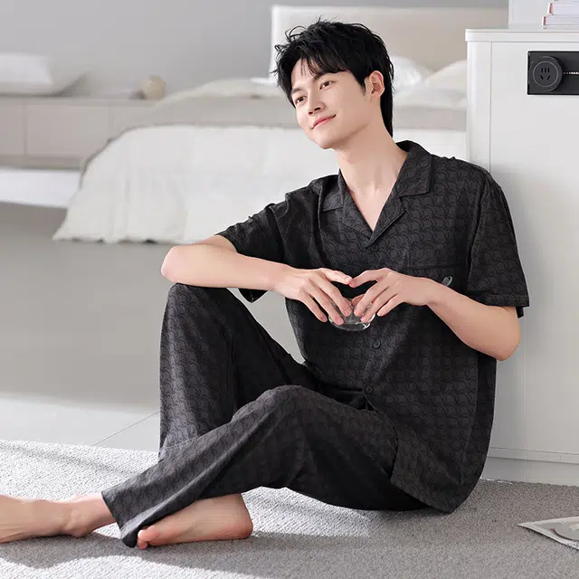芬腾可安 透气时尚简约休闲短袖可外穿亲肤细腻家居服睡衣套装 男款 黑色