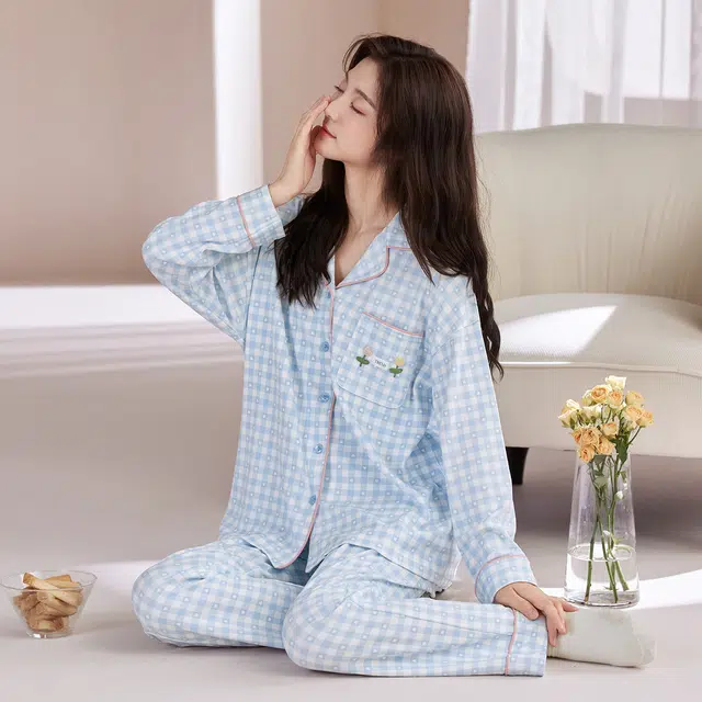 芬腾可安 春秋纯棉优雅翻领简约时尚亲肤开衫设计感柔软家居服睡衣套装 女款