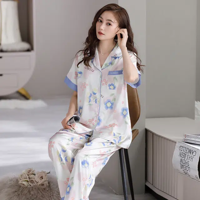 芬腾可安 冰丝韩版简约休闲气质小清新柔软亲肤少女高级感短袖长裤家居服睡衣套装 女款