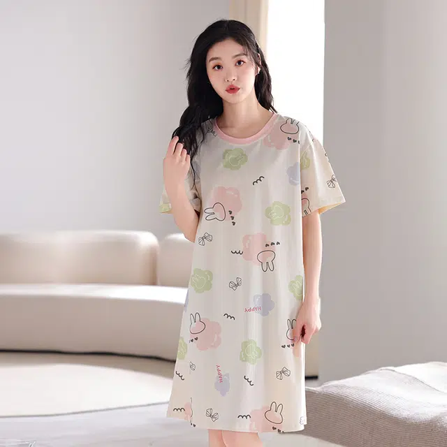 芬腾可安 韩版亲肤舒适时尚圆领细腻柔软短袖居家睡裙 女款 白色