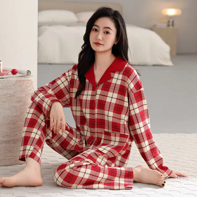 芬腾可安 春秋设计感柔软亲肤纯棉优雅翻领开衫简约时尚家居服睡衣套装 女款