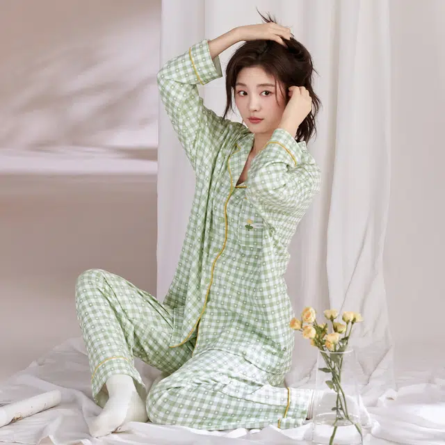 芬腾可安 春秋纯棉优雅翻领简约时尚设计感柔软亲肤开衫家居服睡衣套装 女款