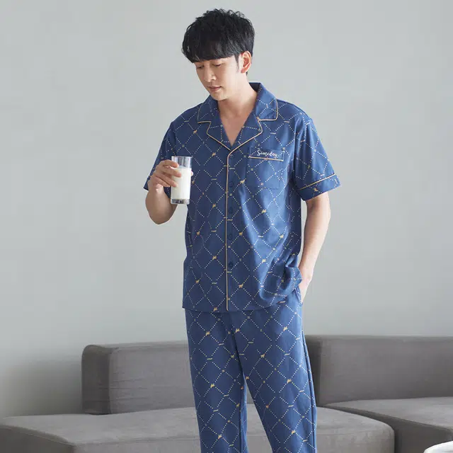 芬腾可安 可外穿的纯棉时尚休闲云感轻熟风舒适气质开衫简约宿舍可穿家居服短袖长裤春夏季睡衣套装 男款