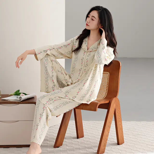 芬腾可安 春秋设计感柔软亲肤翻领开衫简约纯棉优雅时尚家居服睡衣套装 女款