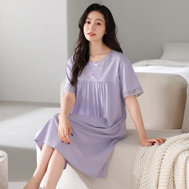 芬腾可安 轻盈外出可穿的休闲微弹百搭舒适带胸垫气质亲肤短袖中长款家居裙春夏季睡裙 女款