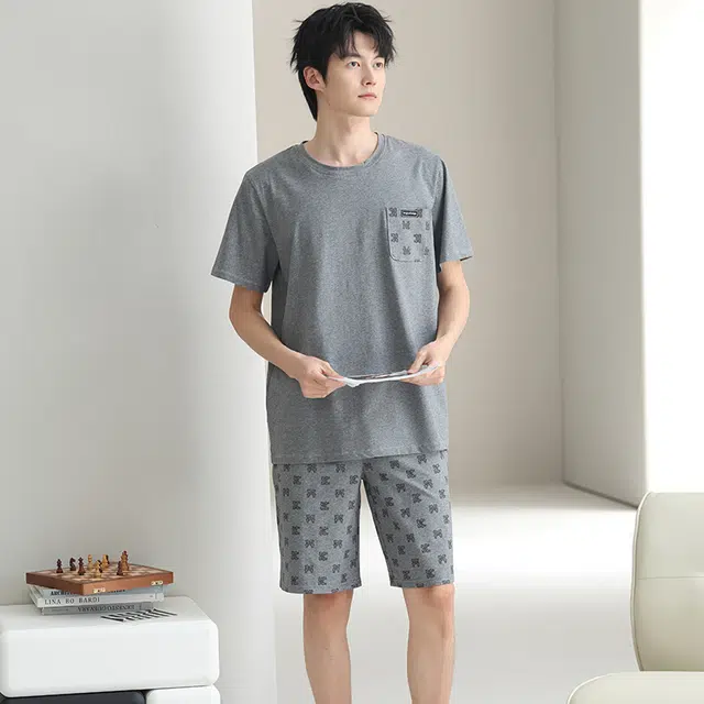 芬腾可安 休闲经典时尚简约微弹透气轻柔舒适亲肤圆领家居服睡衣套装 男款 灰色