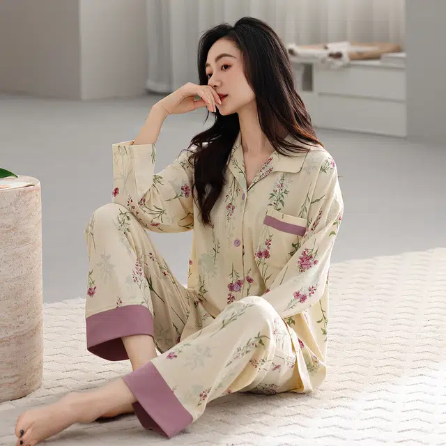 芬腾可安 春秋设计感柔软纯棉优雅简约时尚亲肤家居服睡衣套装 女款