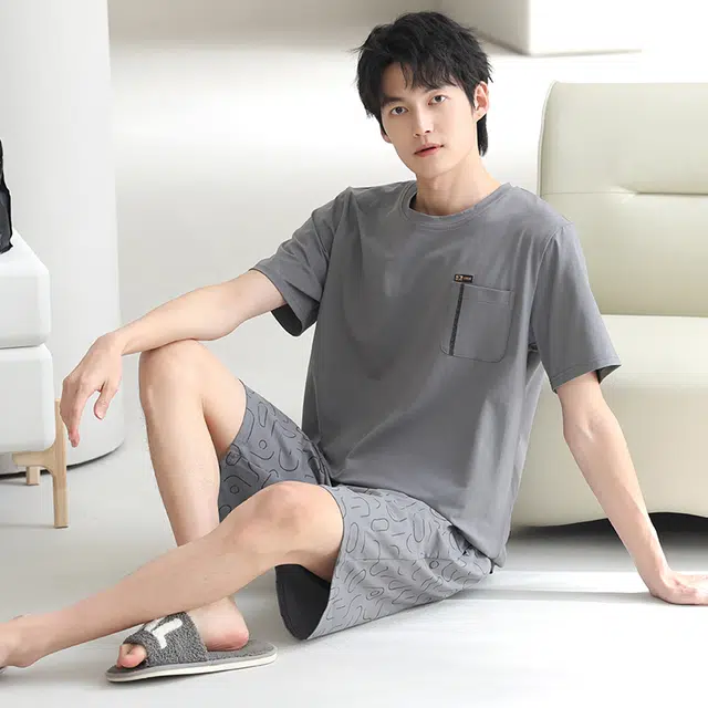 芬腾可安 休闲经典时尚简约舒适亲肤大学生套头圆领家居服睡衣套装 男款 灰色
