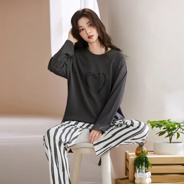 芬腾可安 情侣款春秋柔软宽松亲肤简约气质显瘦遮肉少女感家居服睡衣套装 女款