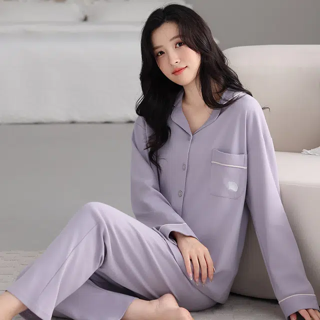 芬腾可安 春秋纯棉宽松舒适经典简约遮肉显瘦外出可穿家居服睡衣套装 女款