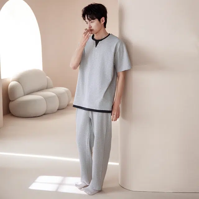 芬腾可安 可外穿时尚休闲遮肉舒适气质显瘦简约大学生宿舍家居服春夏睡衣套装 男款