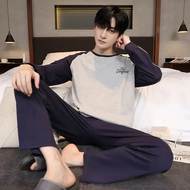 芬腾可安 纯棉秋冬保暖简约时尚遮肉少年感亲肤显瘦家居服外出可穿睡衣套装 男款