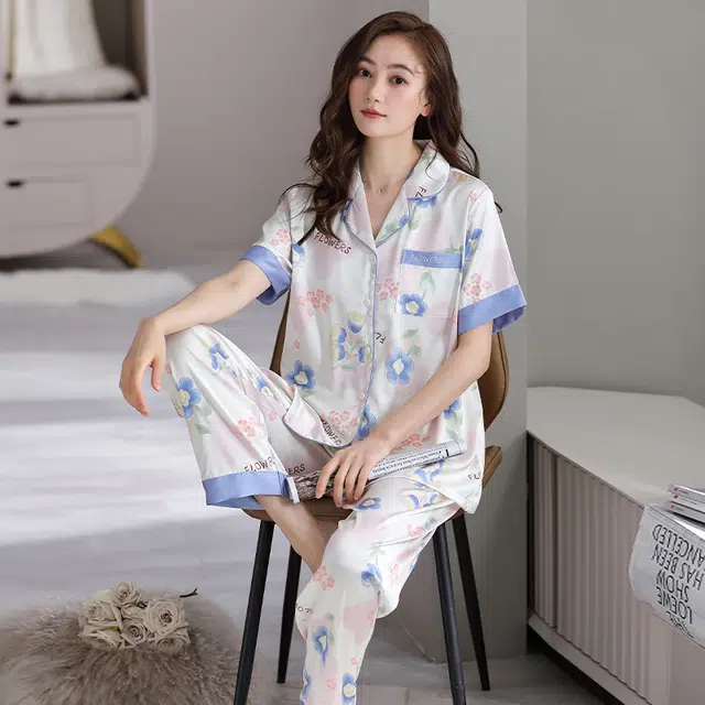 芬腾可安 冰丝韩版简约休闲气质小清新柔软亲肤少女高级感短袖长裤家居服睡衣套装 女款