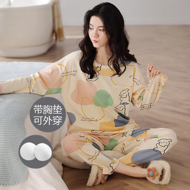 芬腾可安 简约时尚卡通韩版满印舒适带胸垫防凸点亲肤长袖休闲可外穿长裤睡衣套装 女款 杏色