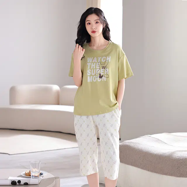 芬腾可安 薄款韩版亲肤柔软休闲简约清新时尚可外穿家居服睡衣套装 女款 黄绿色