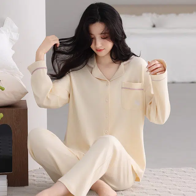 芬腾可安 春秋纯棉宽松舒适经典显瘦简约遮肉开衫外出可穿家居服睡衣套装 女款
