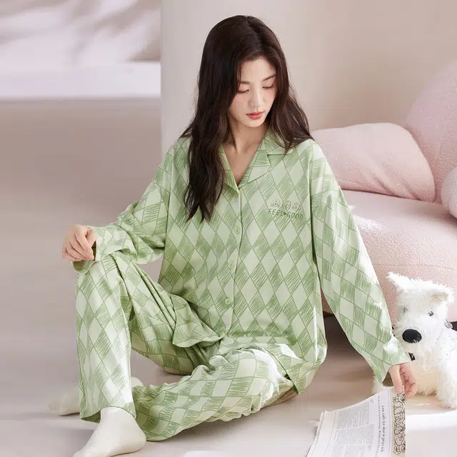 芬腾可安 春秋纯棉优雅翻领简约时尚亲肤设计感柔软开衫家居服睡衣套装 女款