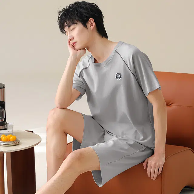 芬腾可安 休闲经典薄款时尚简约舒适亲肤圆领家居服睡衣套装 男款 灰色