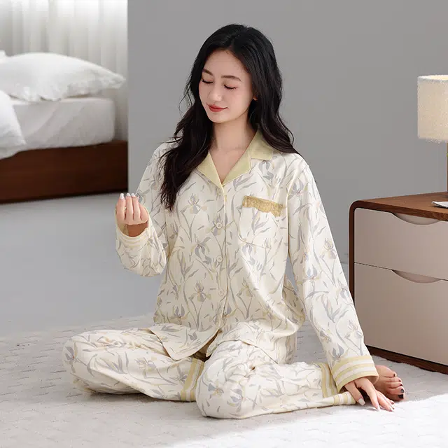 芬腾可安 纯棉外出可穿设计慵懒感少女开衫春秋休闲家居服睡衣套装 女款