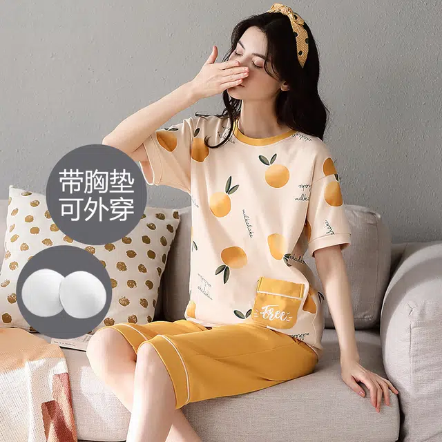 芬腾可安 薄款带胸垫防凸点休闲短袖七分裤家居服可外穿睡衣套装 女款 芥末黄