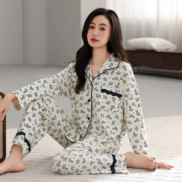 芬腾可安 春秋设计感纯棉优雅简约时尚亲肤柔软家居服睡衣套装 女款