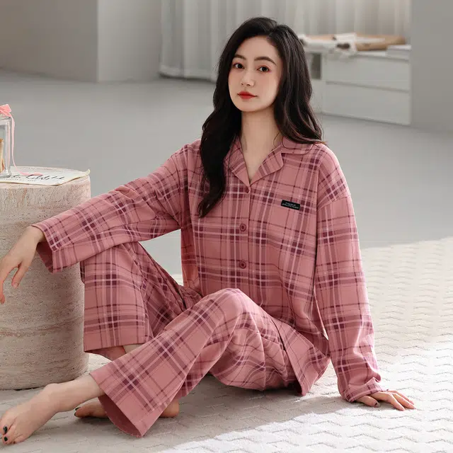 芬腾可安 春秋纯棉优雅翻领设计感柔软亲肤开衫简约时尚家居服睡衣套装 女款