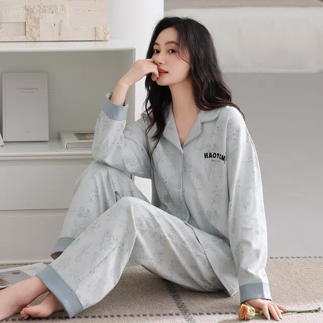 芬腾可安 春秋设计感柔软亲肤翻领纯棉优雅开衫简约时尚家居服睡衣套装 女款
