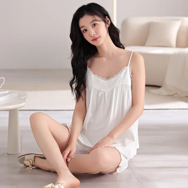 芬腾可安 简约时尚柔软轻盈舒适透气甜美吊带家居服睡衣套装 女款 白色