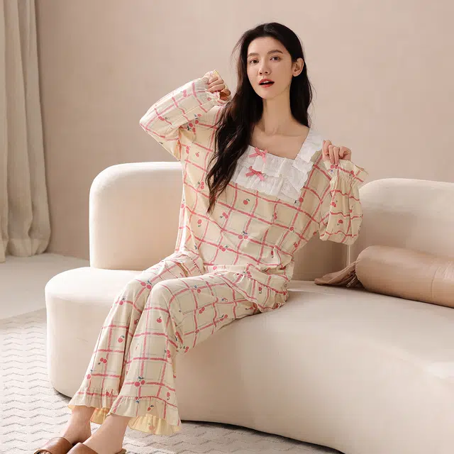 芬腾可安 春秋柔软设计感慵懒宽松百搭显瘦少女感亲肤家居服睡衣套装 女款
