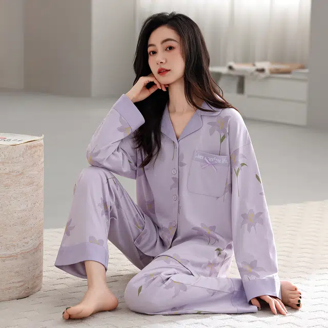 芬腾可安 春秋设计感柔软纯棉优雅简约时尚亲肤翻领家居服睡衣套装 女款
