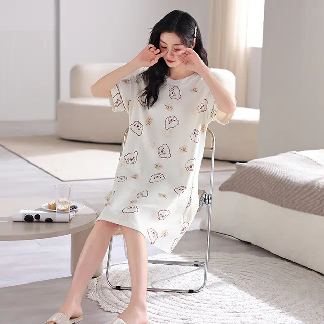 芬腾可安 韩版舒适时尚亲肤圆领细腻柔软居家短袖睡裙 女款 白色