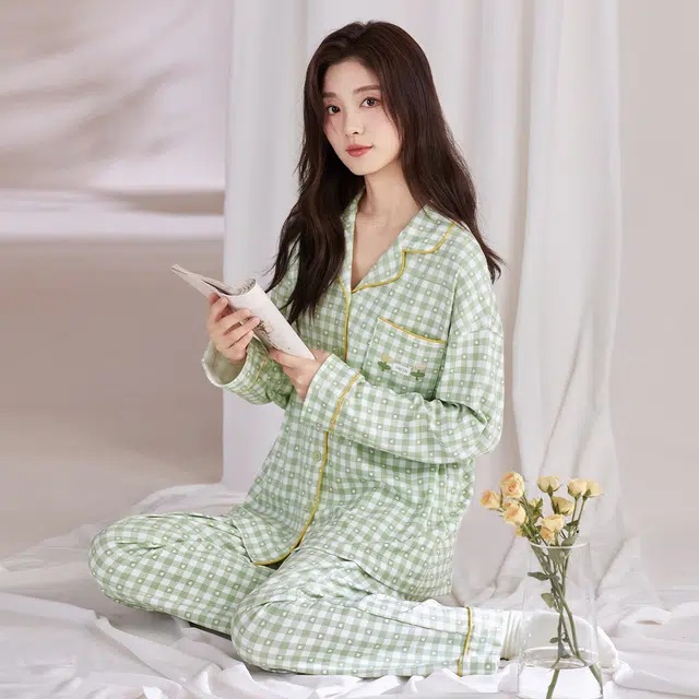 芬腾可安 春秋纯棉优雅翻领简约时尚设计感柔软亲肤开衫家居服睡衣套装 女款