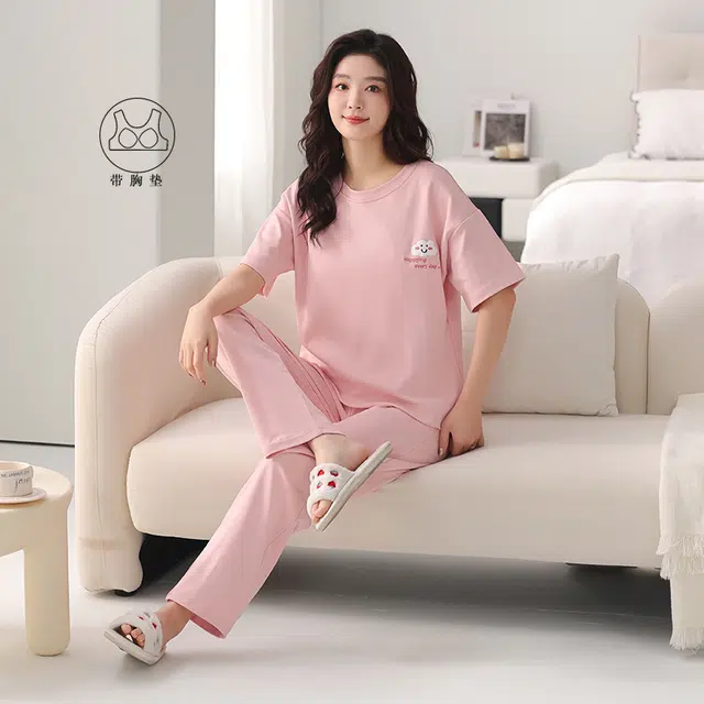 芬腾可安 薄款韩版时尚甜美休闲亲肤微弹带胸垫短袖长裤家居服可外穿睡衣套装 女款 粉红色