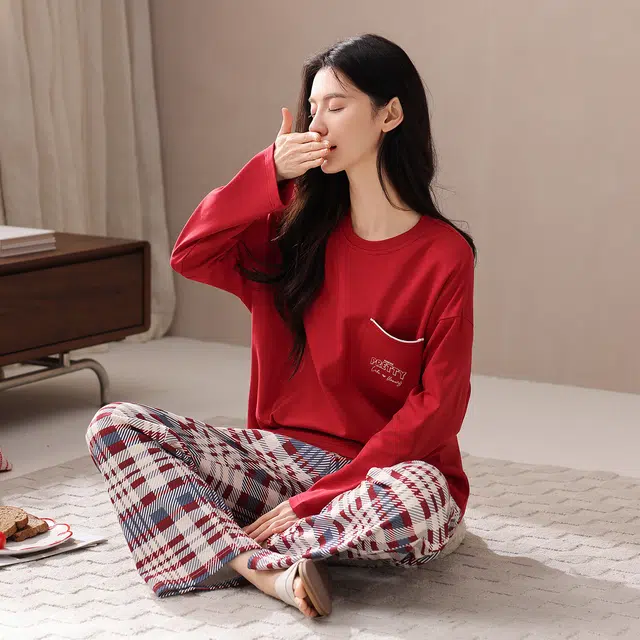 芬腾可安 春秋柔软带杯垫设计百搭少女感显瘦亲肤慵懒宽松家居服睡衣套装 女款