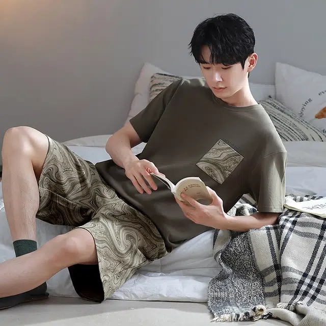 芬腾可安 薄款可外穿透气时尚简约舒适轻盈细腻家居服睡衣套装 男款 橄榄色
