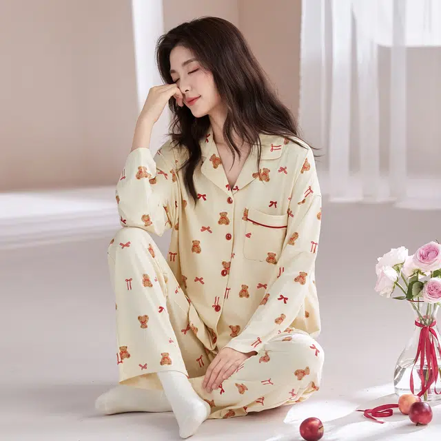 芬腾可安 春秋纯棉优雅气质简约时尚亲肤设计感柔软开衫家居服睡衣套装 女款
