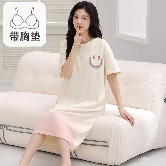 芬腾可安 可外穿韩版休闲简约轻盈显瘦气质温柔带胸垫大学生居家短袖睡裙 女款 杏色