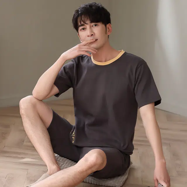 芬腾可安 韩版简约纯棉轻熟风休闲气质亲肤细腻时尚舒适轻盈宽松圆领青少年透气短袖大学生居家服可外穿睡衣套装 男款 灰色