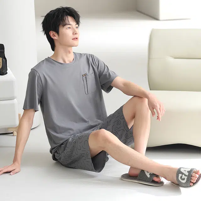 芬腾可安 休闲经典时尚简约舒适亲肤大学生套头圆领家居服睡衣套装 男款 灰色