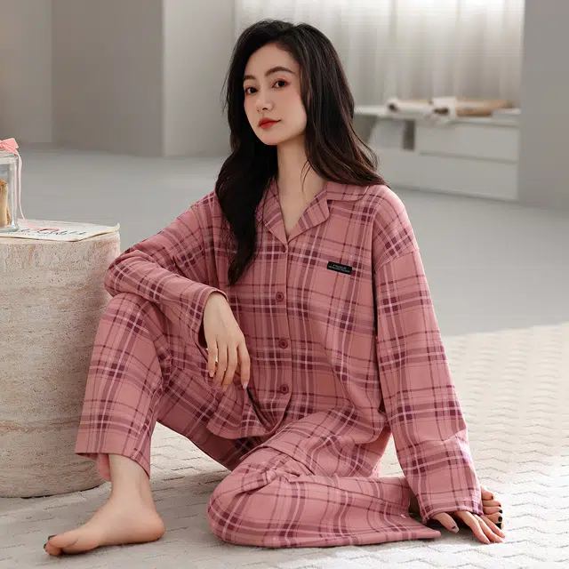 芬腾可安 春秋纯棉优雅翻领设计感柔软亲肤开衫简约时尚家居服睡衣套装 女款