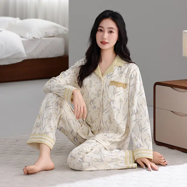 芬腾可安 纯棉外出可穿设计慵懒感少女开衫春秋休闲家居服睡衣套装 女款