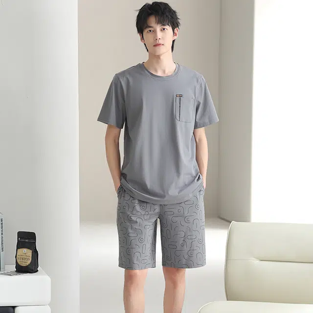 芬腾可安 休闲经典时尚简约舒适亲肤大学生套头圆领家居服睡衣套装 男款 灰色