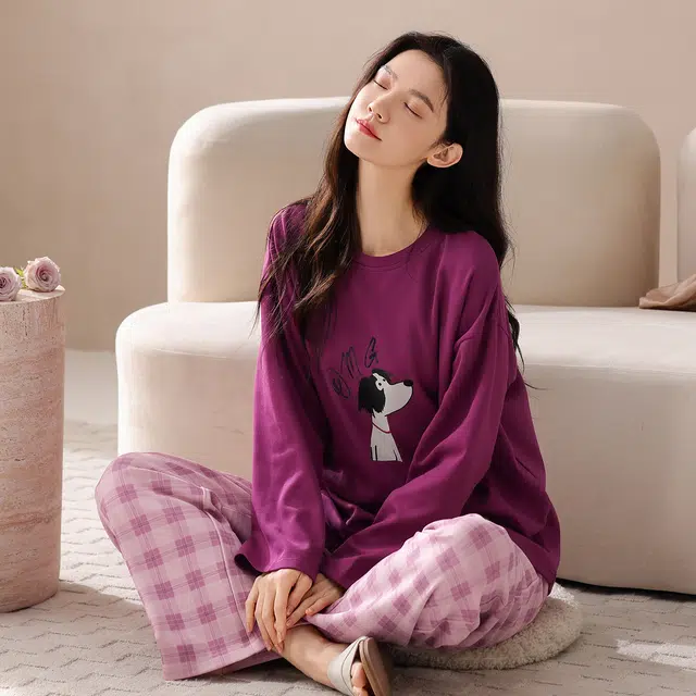 芬腾可安 春秋柔软带杯垫设计百搭显瘦亲肤慵懒少女感宽松家居服睡衣套装 女款