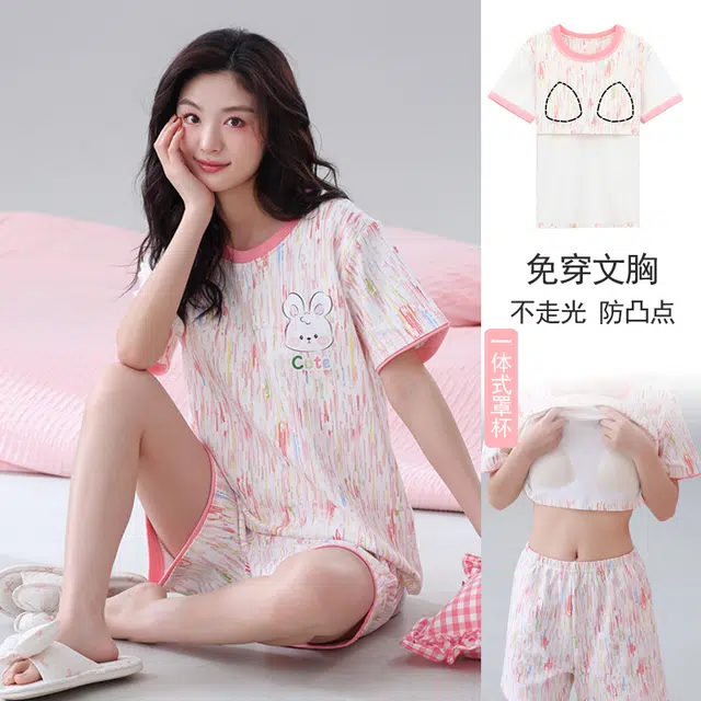 芬腾可安 可外穿的带胸垫一体式慵懒休闲少女时尚亲肤百搭舒适柔软细腻无束缚短袖短裤家居服睡衣套装 女款