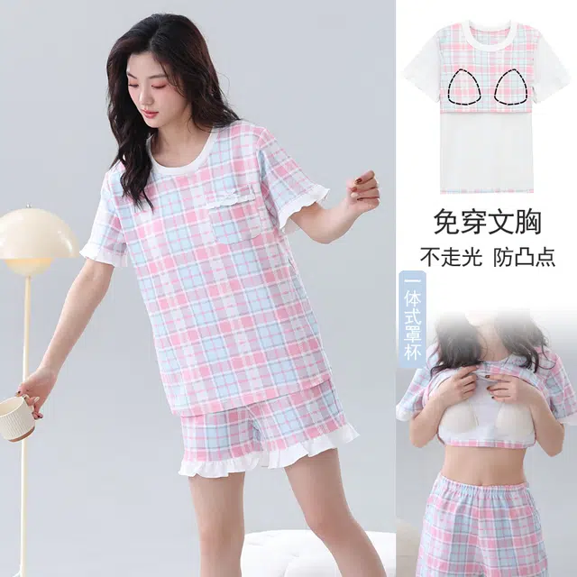 芬腾可安 可外穿的带胸垫一体式慵懒休闲少女时尚亲肤百搭显瘦舒适柔软细腻无束缚短袖短裤家居服睡衣套装 女款