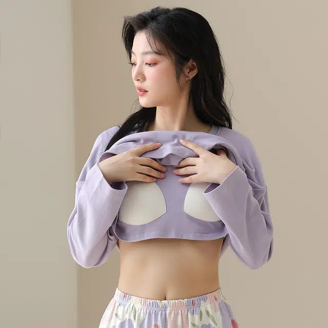 芬腾可安 舒适柔软亲肤带胸垫防凸点长袖长裤可外穿睡衣套装 女款 香芋紫