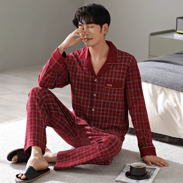 芬腾可安 秋冬纯棉显瘦柔软舒适亲肤轻盈遮肉家居服睡衣套装 男款
