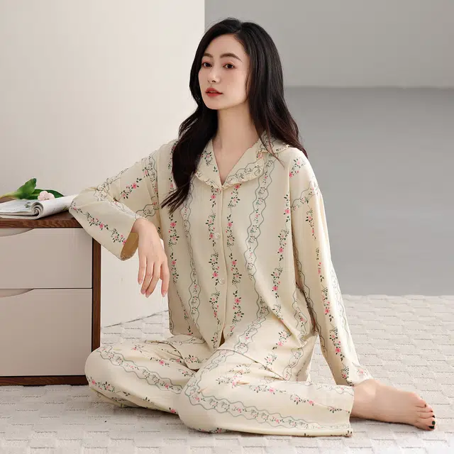 芬腾可安 春秋设计感柔软亲肤翻领开衫简约纯棉优雅时尚家居服睡衣套装 女款