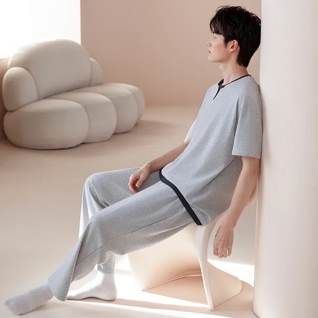 芬腾可安 可外穿时尚休闲遮肉舒适气质显瘦简约大学生宿舍家居服春夏睡衣套装 男款